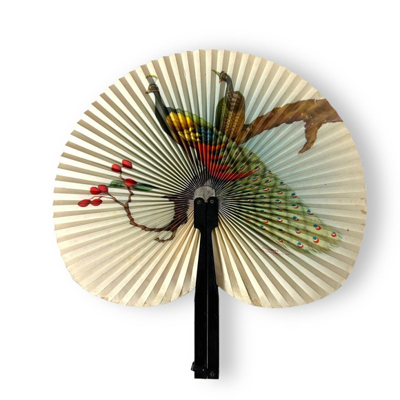 Vintage Asian Hand Fan 10 Inch Republic Of China Foldable Birds Peacocks - Picture 14 of 16